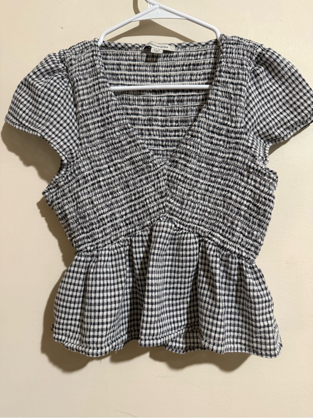 American Eagle Smocked Peplum V-Neck Top in Black & White Gingham